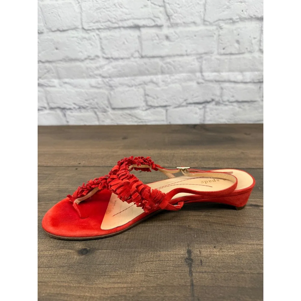 Kate Spade New York Coral Red Suede Fringe Kitten Heel‎ Sandals Women's Size 8B